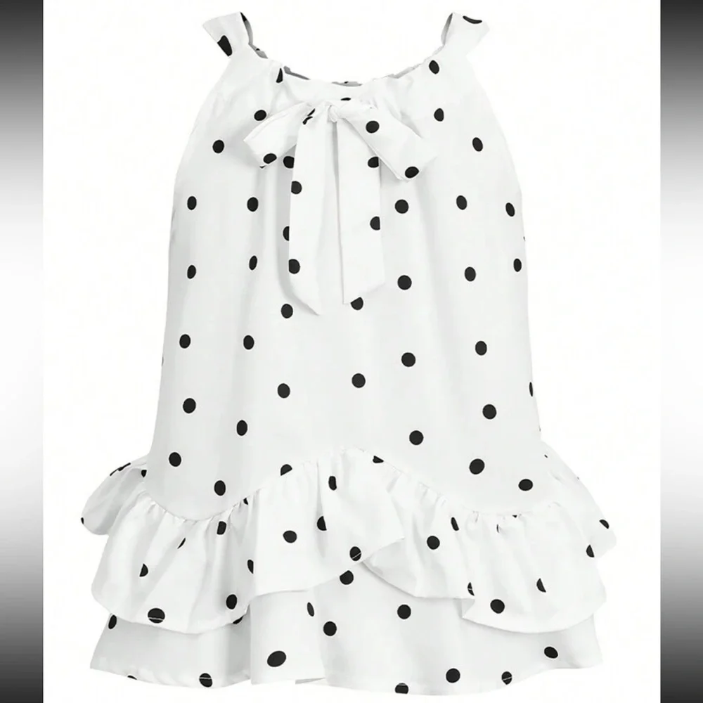 White Black Polka Dot Halter Top Blouse Shirt - Picture 2 of 3